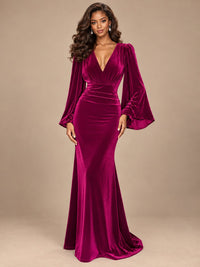 Burgundy Velvet Deep V-Neck Ruched Long Sleeve Maxi Dress