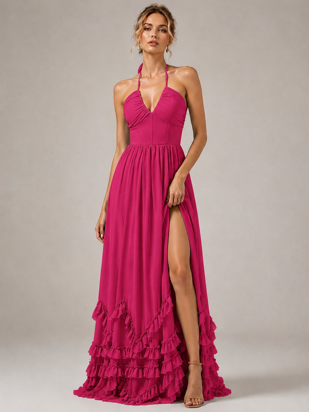Halter V Neck Chiffon Formal Dress with Lace-Up Back and Ruffle Hem