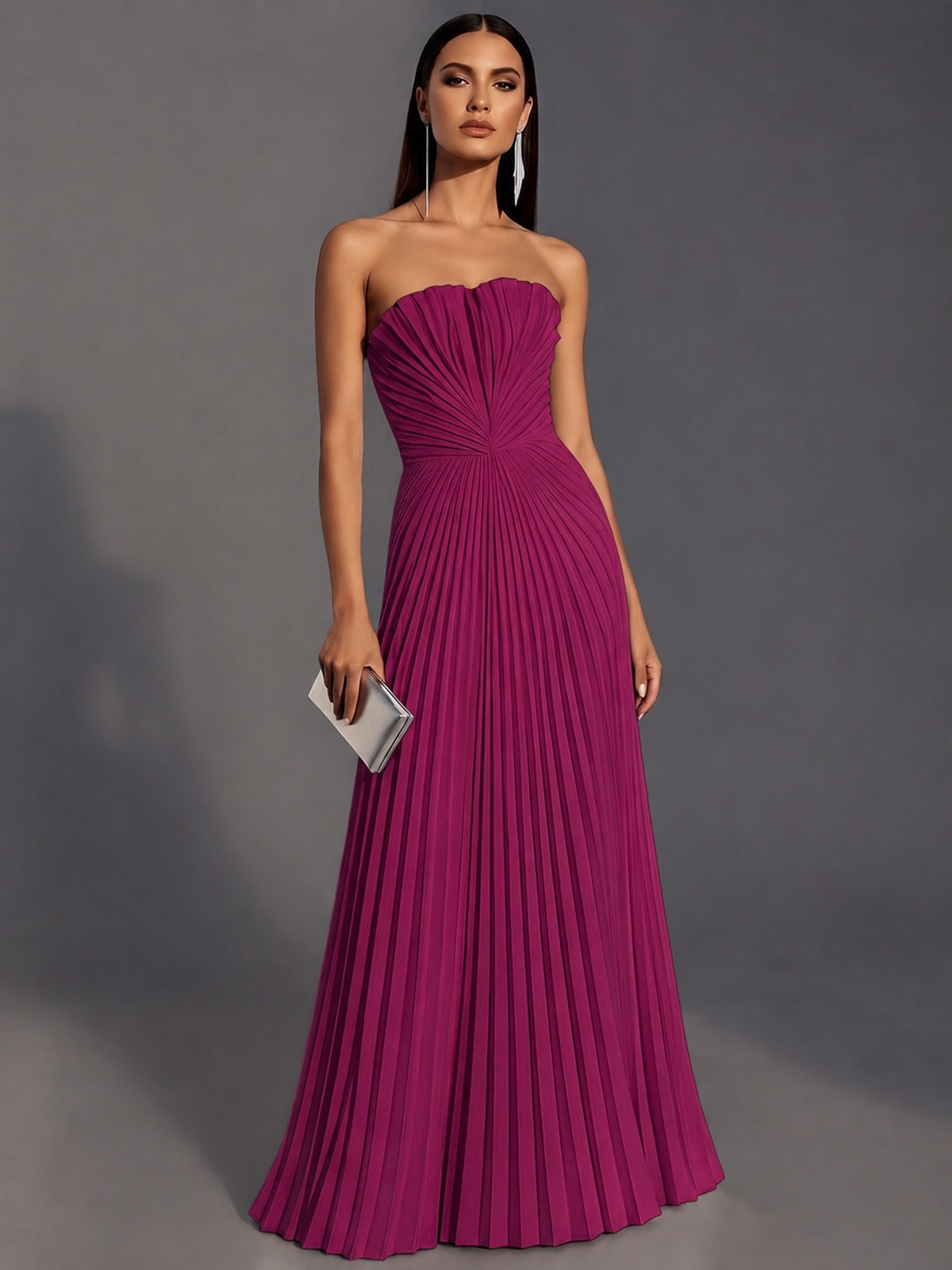 Fuchsia Strapless Pleated Satin Prom Dress Long Formal Gown Evening Dress