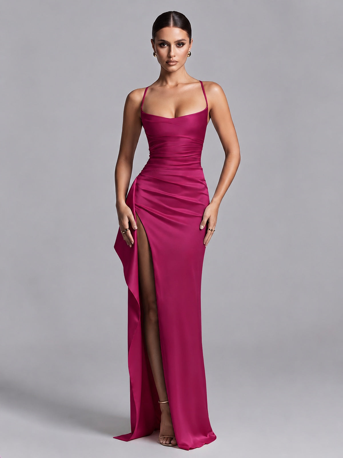 Fuchsia Squre Neck Pleated Satin Prom Dresses for Teens Women Long Evening Formal Gown with Slit Ruffles