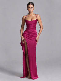 Fuchsia Squre Neck Pleated Satin Prom Dresses for Teens Women Long Evening Formal Gown with Slit Ruffles