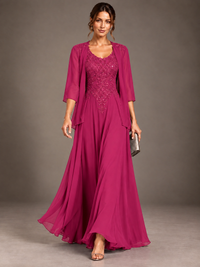 A-line 2 Pieces Chiffon Appliques Mother of The Bride Dresses with Jackets
