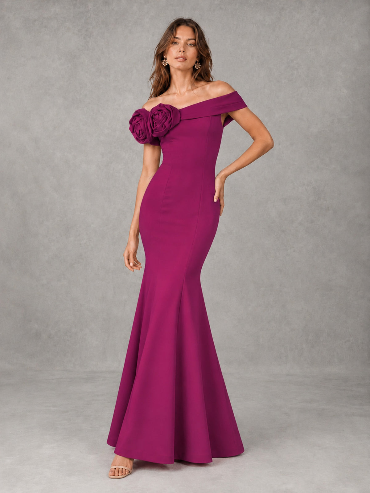 Blush Pink Off Shoulder Mermaid Bridesmaid Dress with Floral Rosette