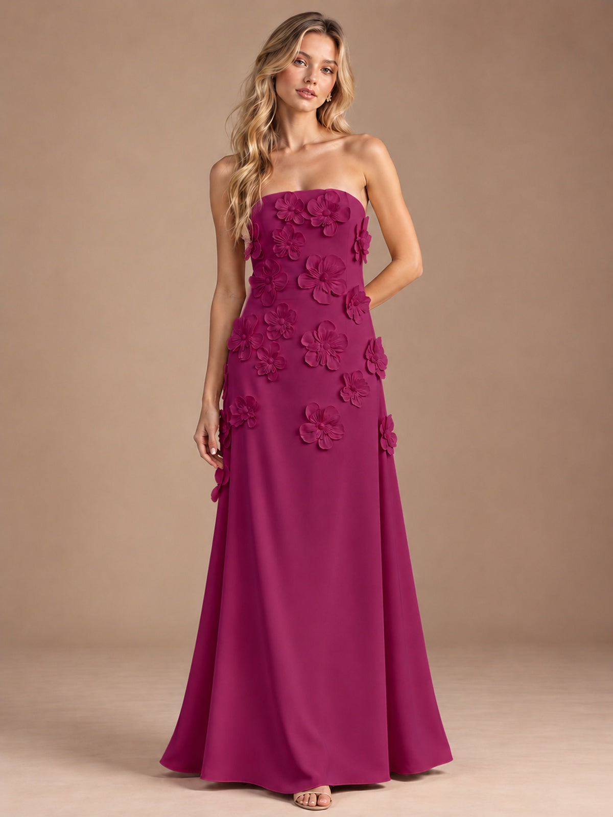 Fuchsia-Strapless 3D Floral A-line Satin Prom Maxi Dress Formal Evening Gown