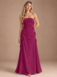 Fuchsia-Strapless 3D Floral A-line Satin Prom Maxi Dress Formal Evening Gown