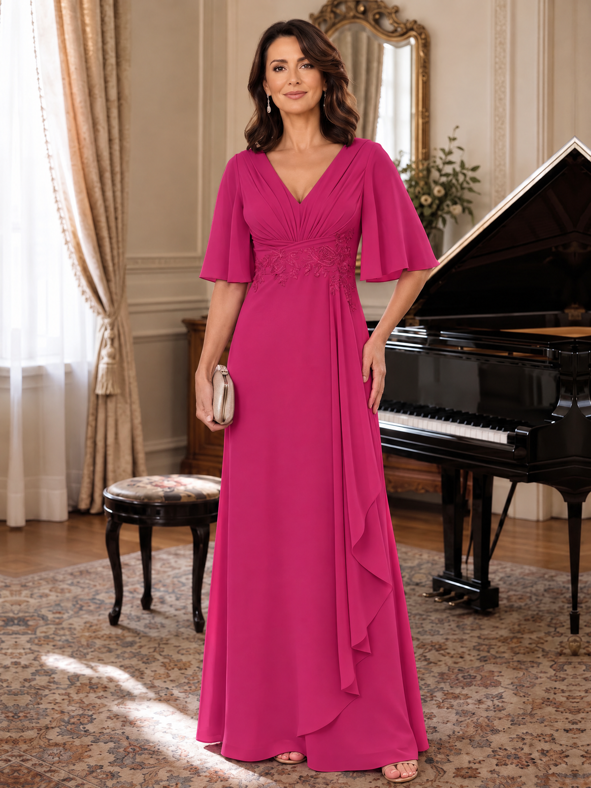 Fuchsia V-Neck Chiffon Lace Mother of the Bride Dresses with Flutter Sleeve A-line Long Ruffled Evening Formal Wedding Guest Gown