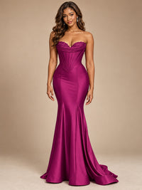 Red Strapless Satin Mermaid Prom Dress with Corset Bodice