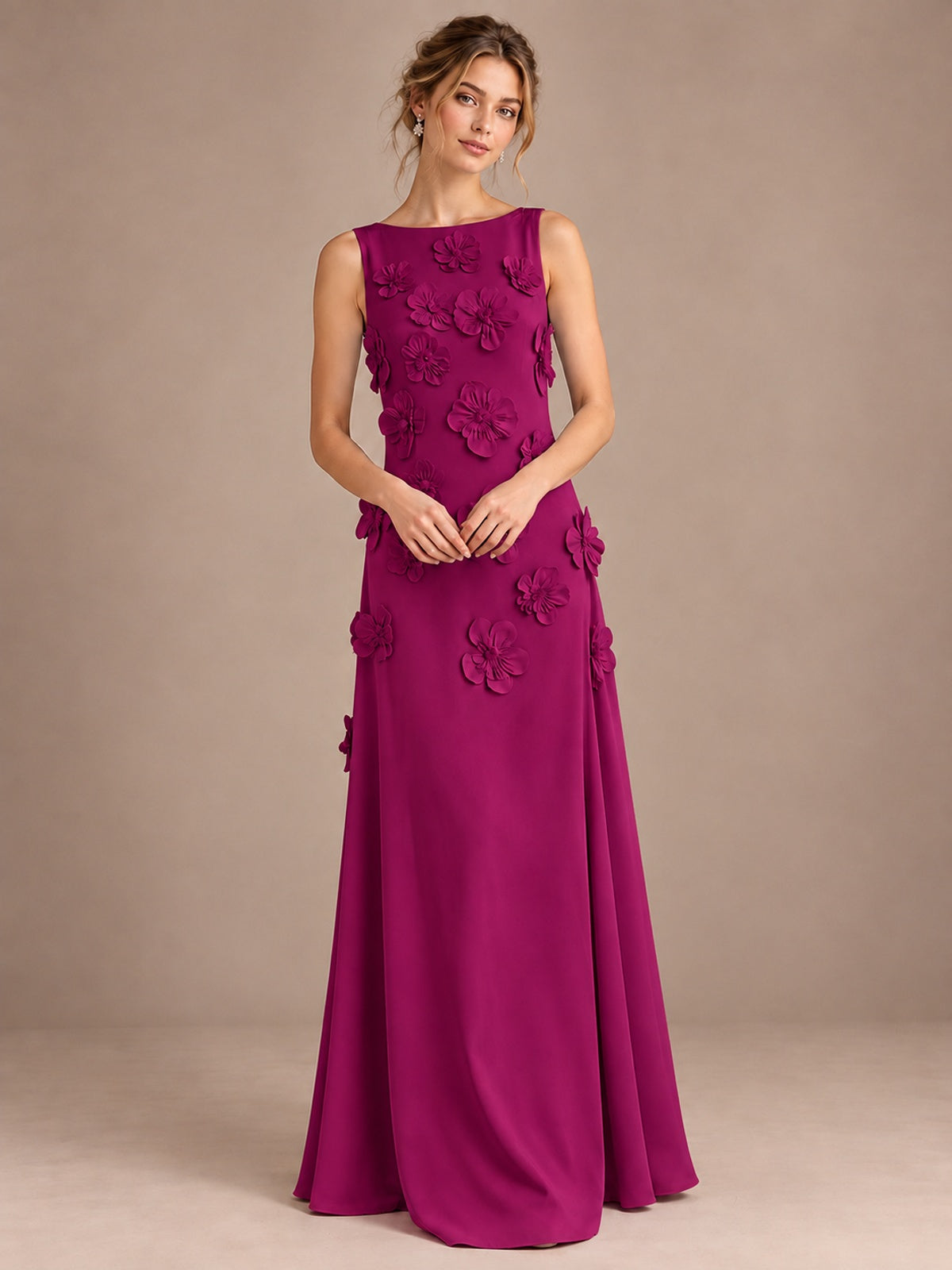 3D Floral Applique Sleeveless Formal Maxi Dress