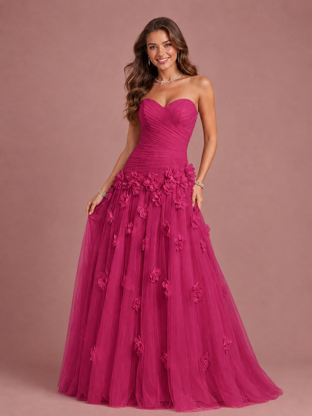 Blush Pink Strapless Sweetheart 3D Floral Tulle Ball Gown Prom Dres
