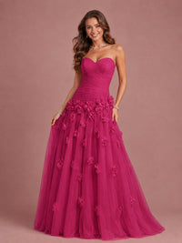 Blush Pink Strapless Sweetheart 3D Floral Tulle Ball Gown Prom Dres