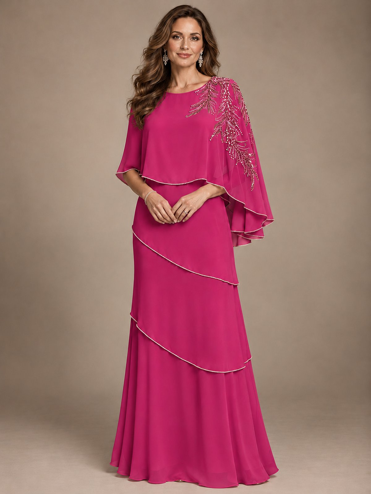 Elegant Chiffon Cape Sleeve Beaded Mother of the Bride Dress