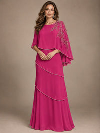 Elegant Chiffon Cape Sleeve Beaded Mother of the Bride Dress