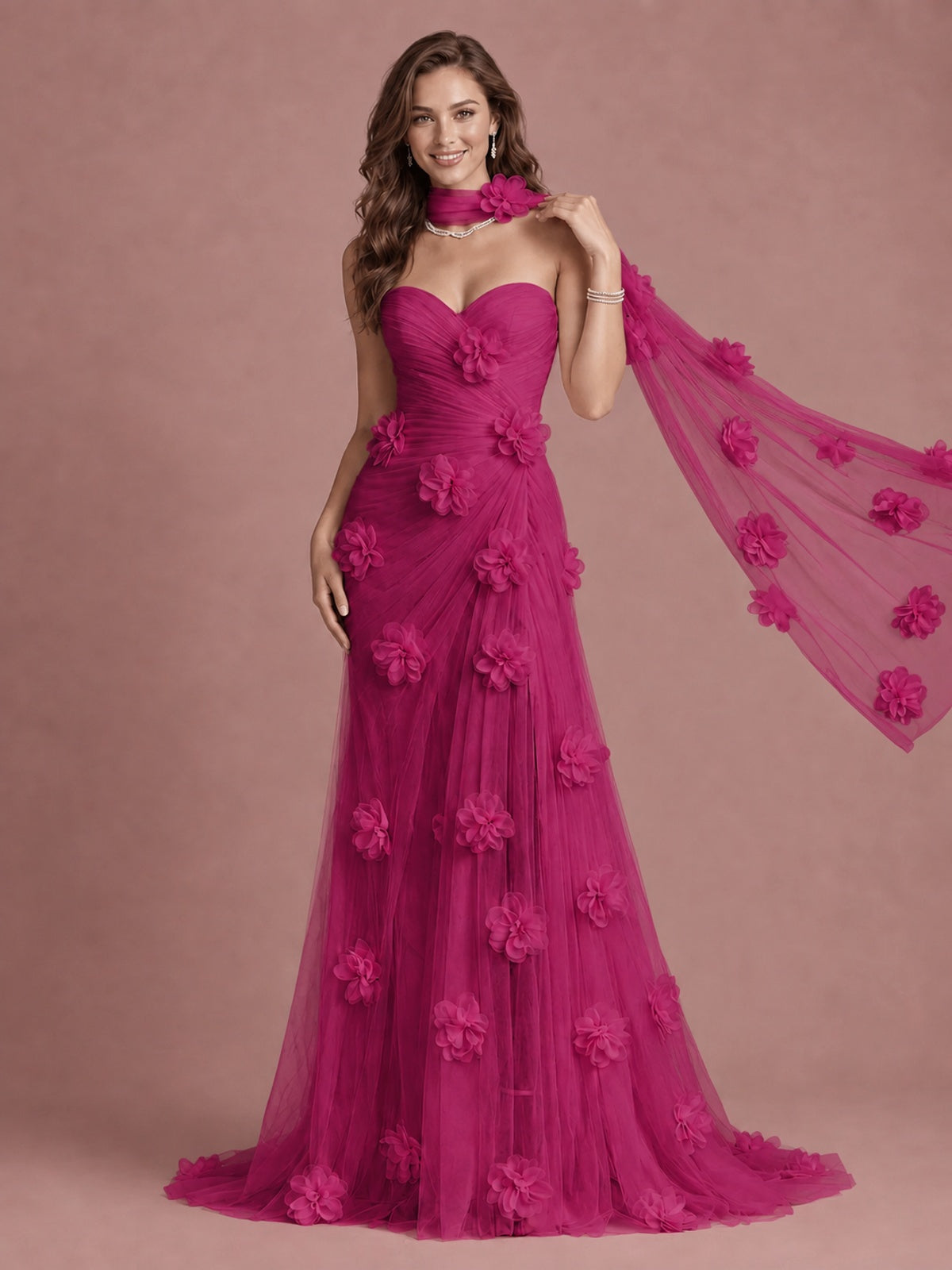 Blush Pink Strapless Sweetheart 3D Floral Tulle Mermaid Prom Dress