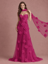 Blush Pink Strapless Sweetheart 3D Floral Tulle Mermaid Prom Dress