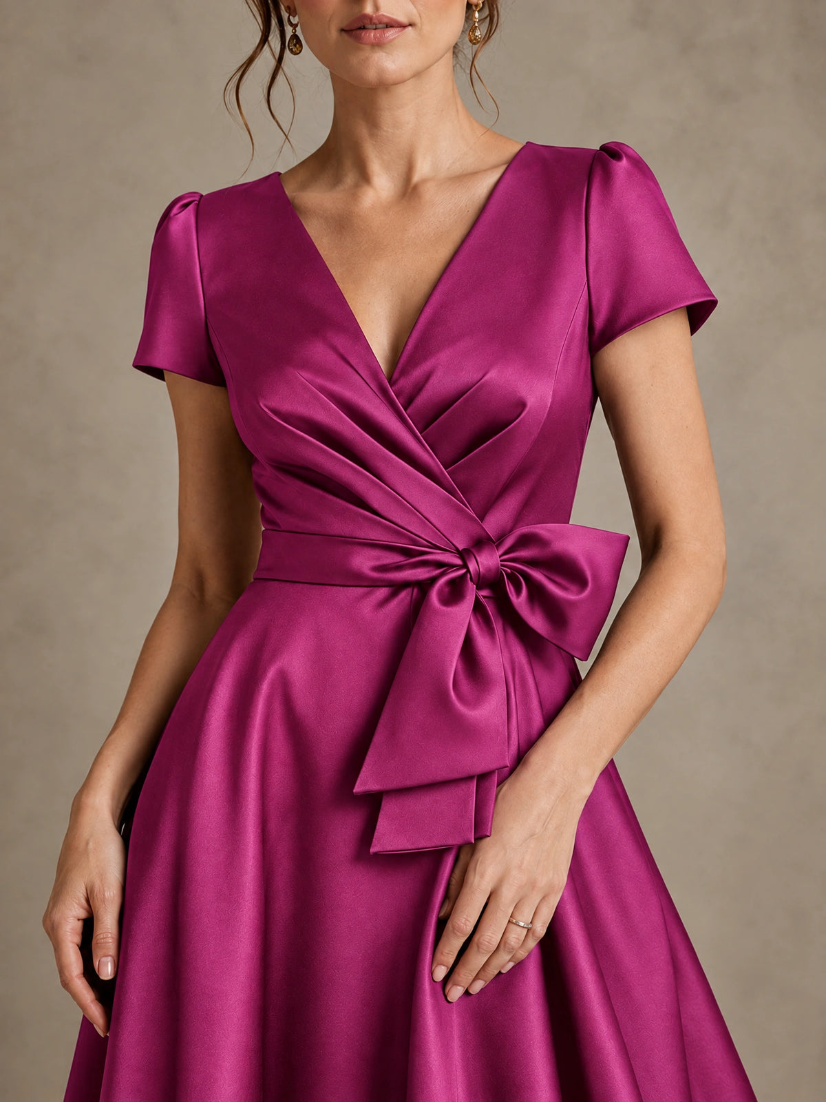 V-Neck Tea-Length Satin Mother of the Bride Dress with Bow