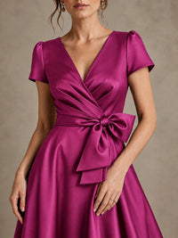 V-Neck Tea-Length Satin Mother of the Bride Dress with Bow
