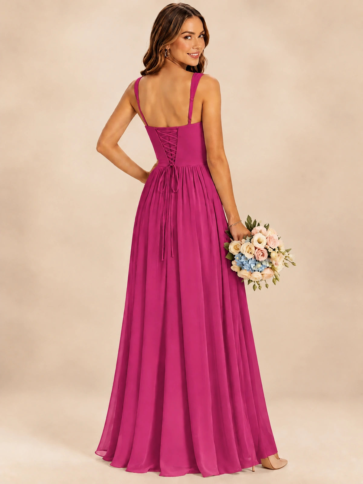 Spaghetti Straps Pleated Chiffon Bridesmaid Dress with Ruffle Slit