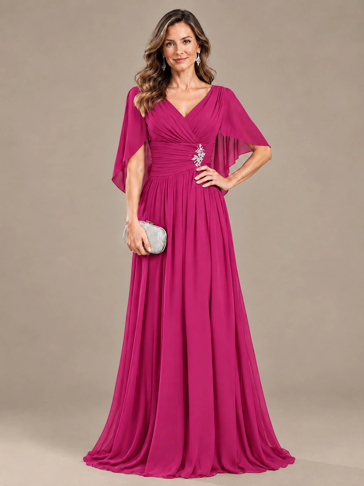 Ruched V Neck Mother of The Bride Dresses with Shawls Appliques and Cap Sleeves