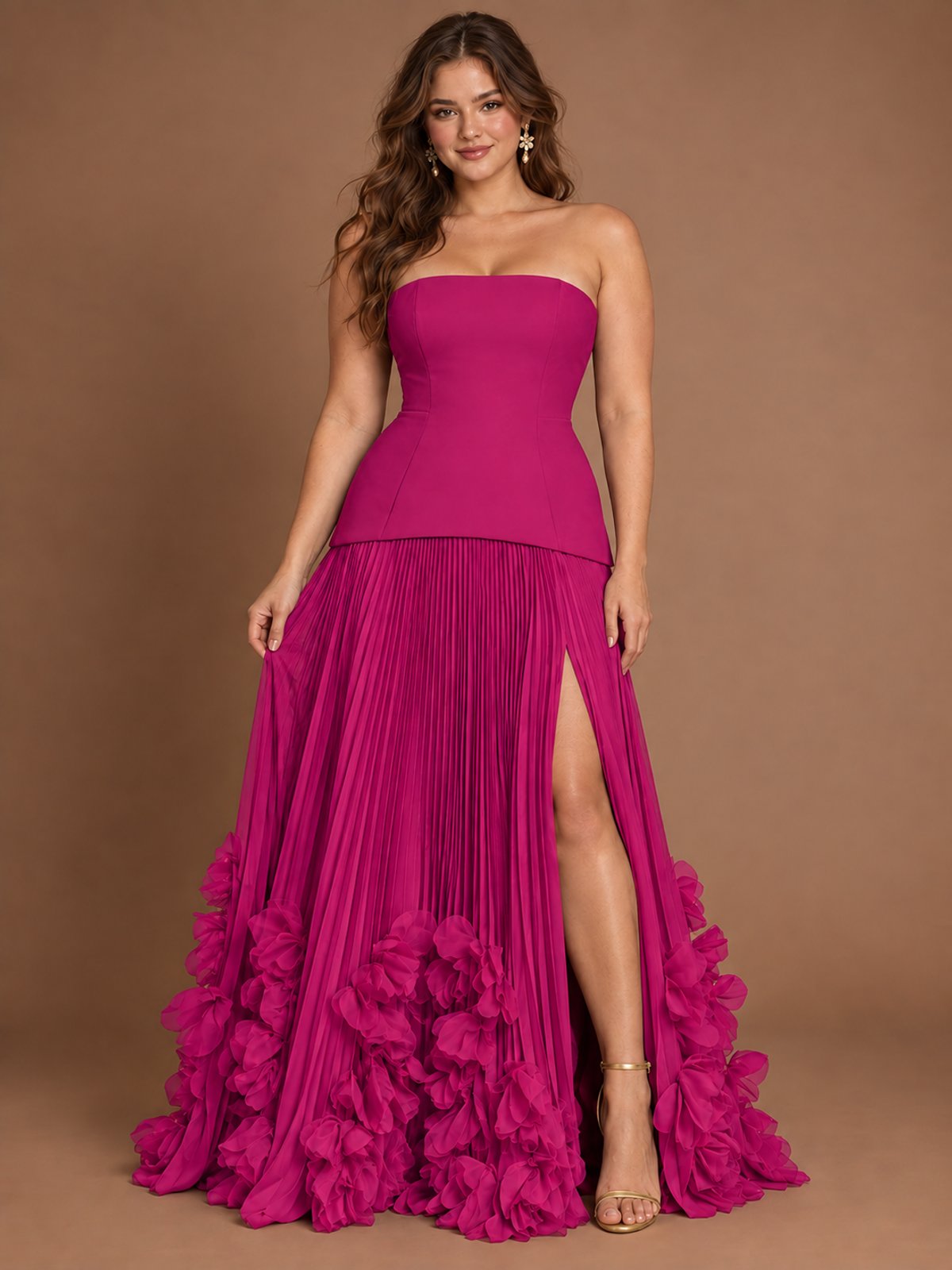 Strapless Pleated Floral Satin Formal Dress with Side Slit