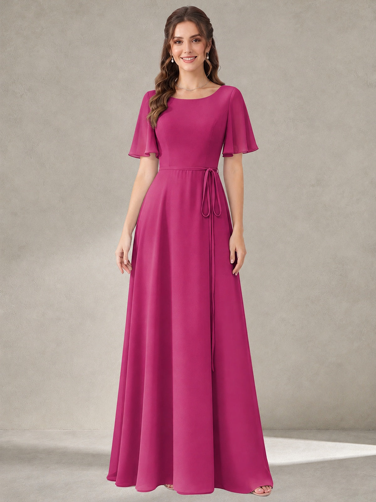 Fuchsia Scoop Neck A-line Chiffon Bridesmaid Dress with Belt Flutter Sleeve Formal Wedding Guest Dress Evening Gown