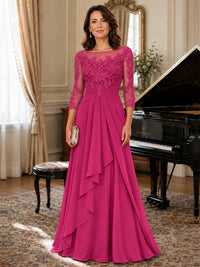 A-Line Chiffon Mother of the Bride Dress with Floral Applique 3/4 Sleeves