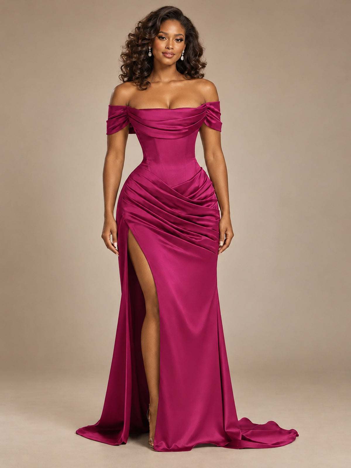 Burgundy Off-the-Shoulder Satin Corset Prom Dress with Slit