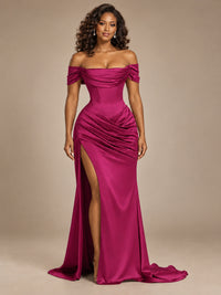 Burgundy Off-the-Shoulder Satin Corset Prom Dress with Slit