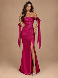 Off The Shuolder Satin Prom Dress Slit Mermaid Formal Gowns