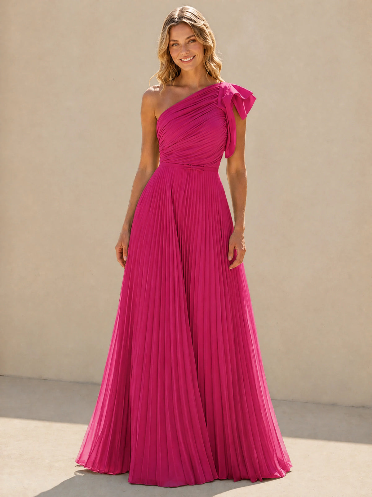 One Shoulder Pleated Chiffon A-Line Floor-Length Bridesmaid Dress