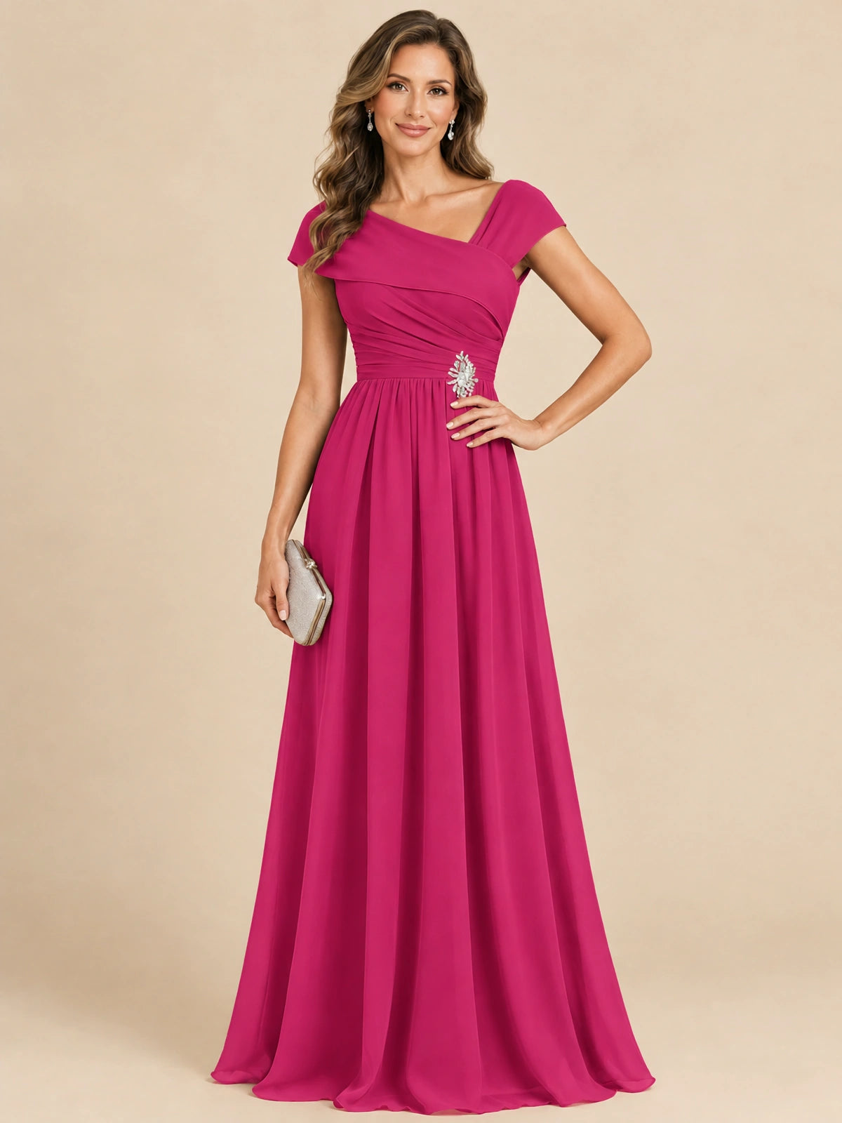Cap Sleeve Mother of The Bride Dresses Long Chiffon Formal Gowns