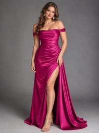 Off Shoulder Satin Maxi Dress with Slit