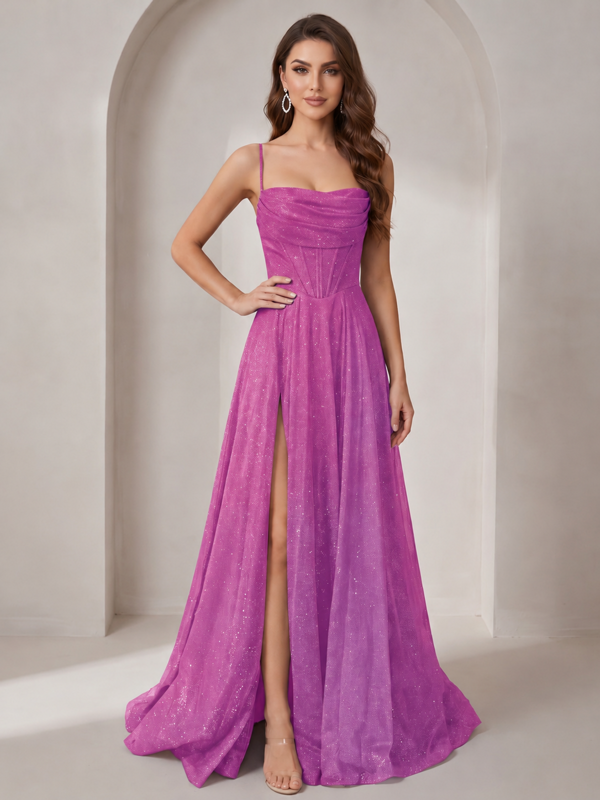 Fuchsia Sparkly Cowl Neck Corset Long Prom Dress with Slit A-line Tulle Ball Gown Formal Evning Party Dress