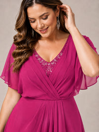 Navy Blue A-Line V-Neck Tea-Length Mother of the Bride Dress