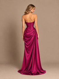 Dusty Blue Strapless Satin Prom Dress with Ruched Bodice and Slit