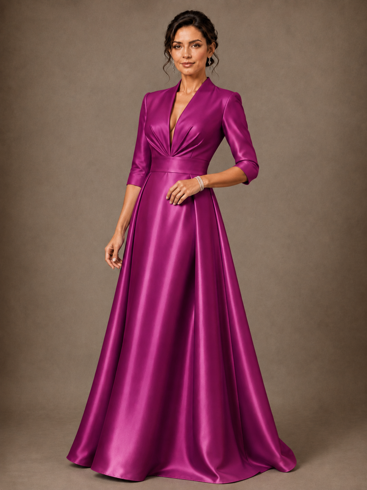 V-Neck Pleated Satin Mother of the Bride Gown with 3/4 Sleeves