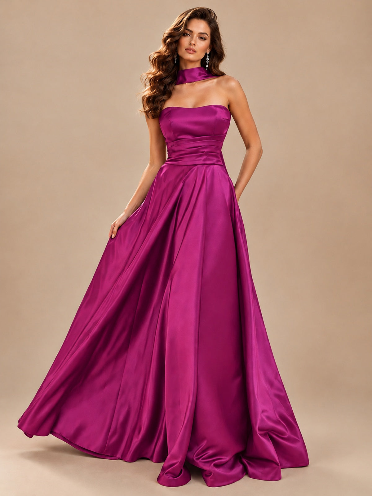Strapless Prom Dress Side High Slit A-line Formal Dress with Scarf