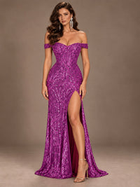 Off the Shoulder Corset Sequin Mermaid Prom Dress with Slit