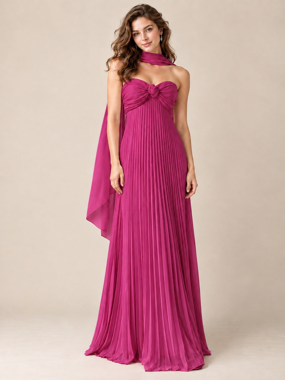 Sweetheart Neckline Pleated Prom Dress Strapless A-line Formal Dress with Flowy Scarf