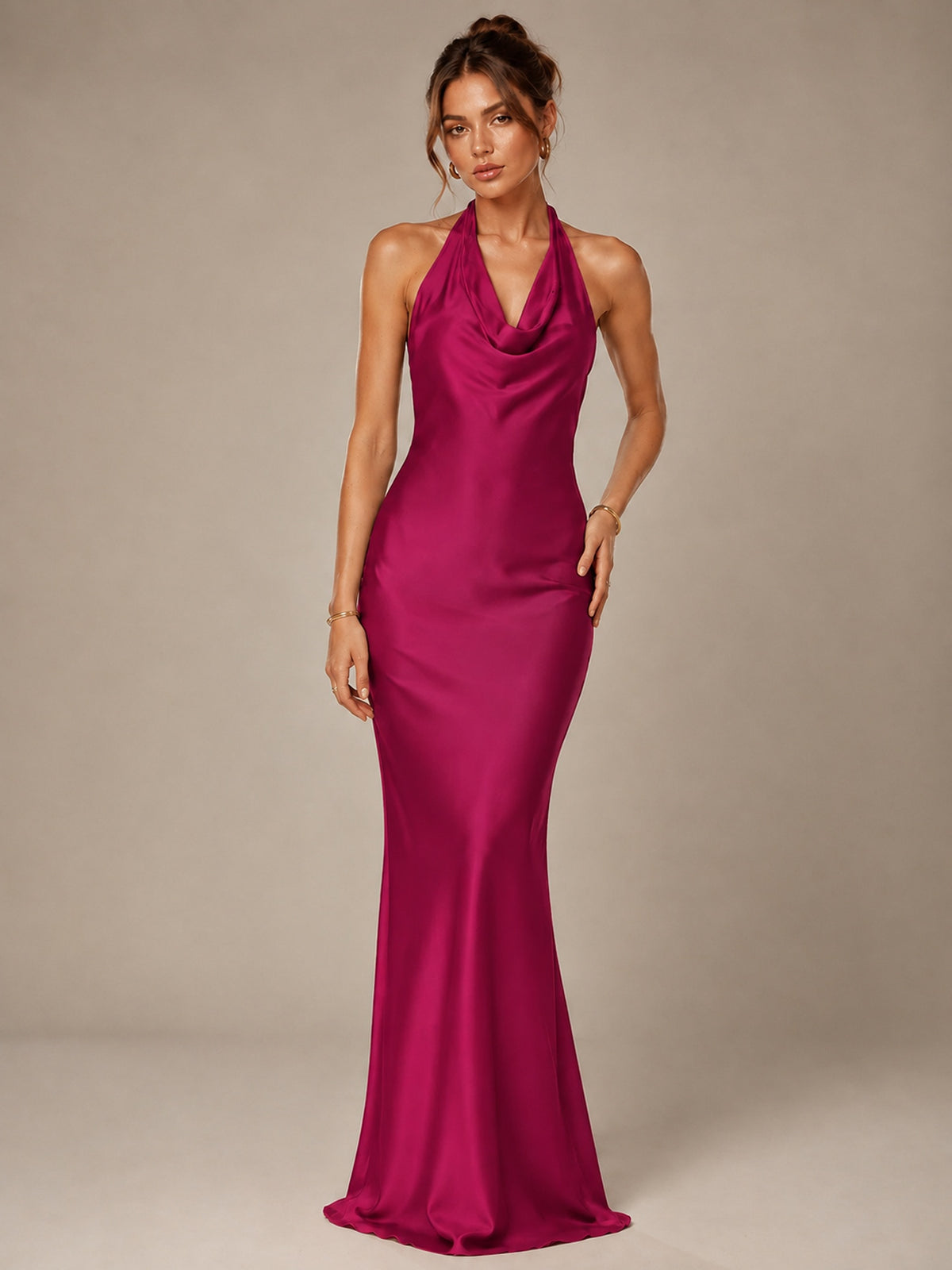 Olive Green Halter Satin Mermaid Maxi Dress