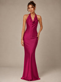 Olive Green Halter Satin Mermaid Maxi Dress