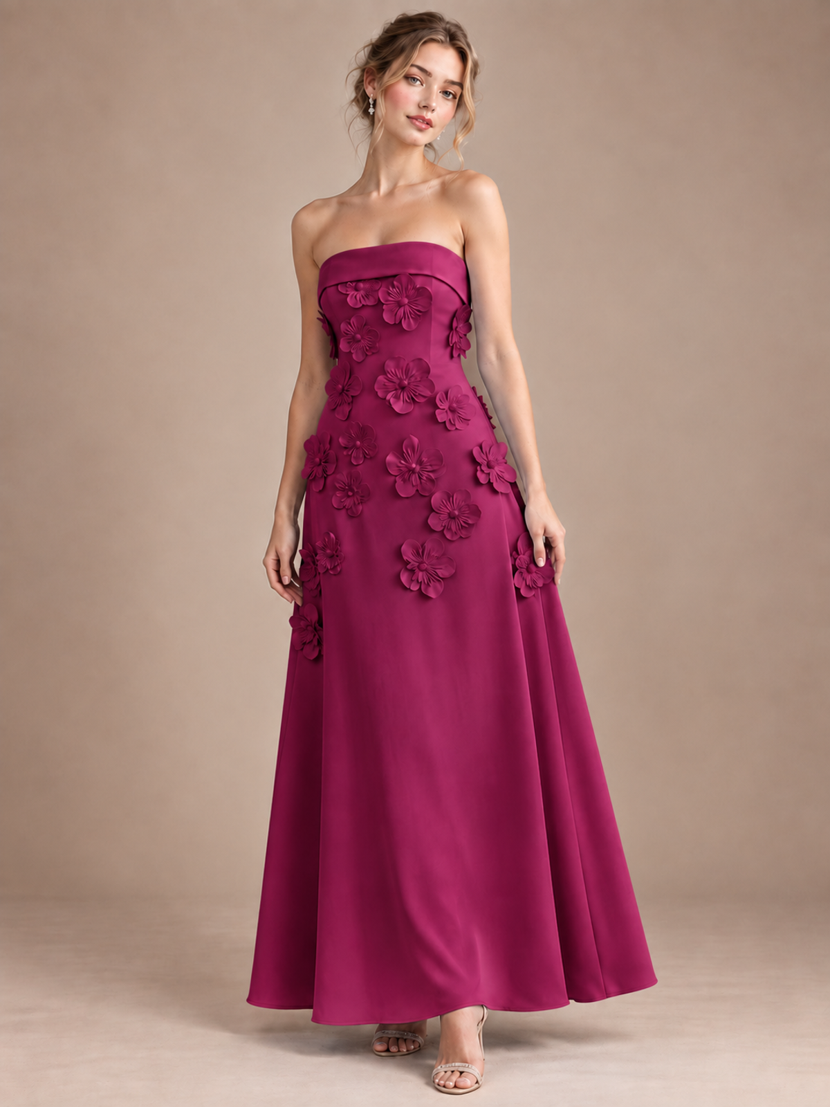 Fuchsia Strapless 3D Floral Appliques Maxi Dress
