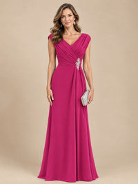 V Neck Pleated Mother of The Bride Dresses with Beading Cap Sleeves