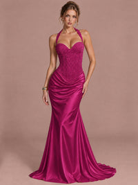 Fuchsia Sparkling Halter Corset Satin Mermaid Prom Dress Long Ruched Sequin Formal Gown Evening Party Dress