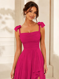 Ruffle Slit Chiffon A Line Scoop Neck Bridesmaid Dresses with Pockets