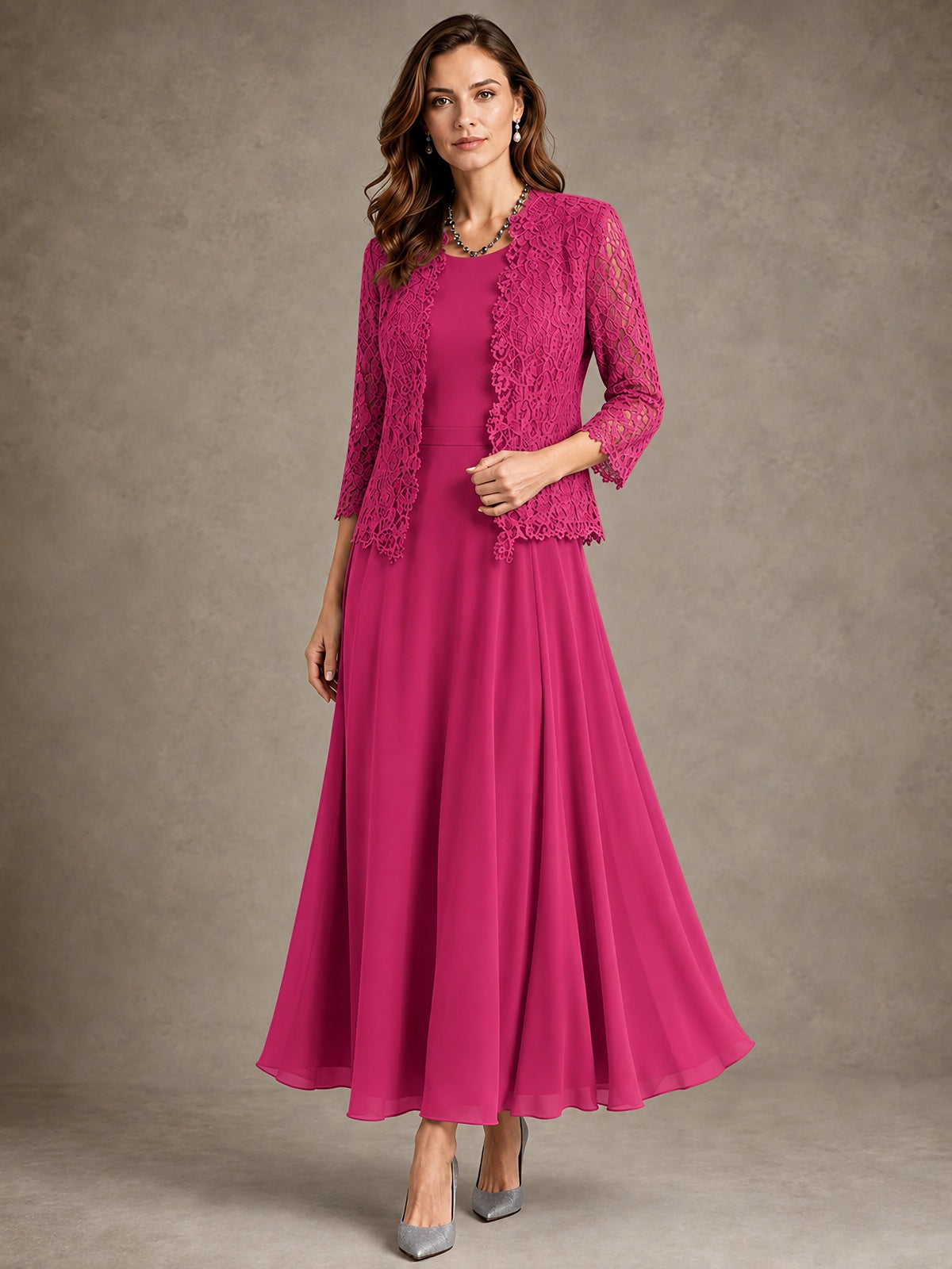 2-Piece Chiffon Mother of the Bride Dress with Lace Jacket