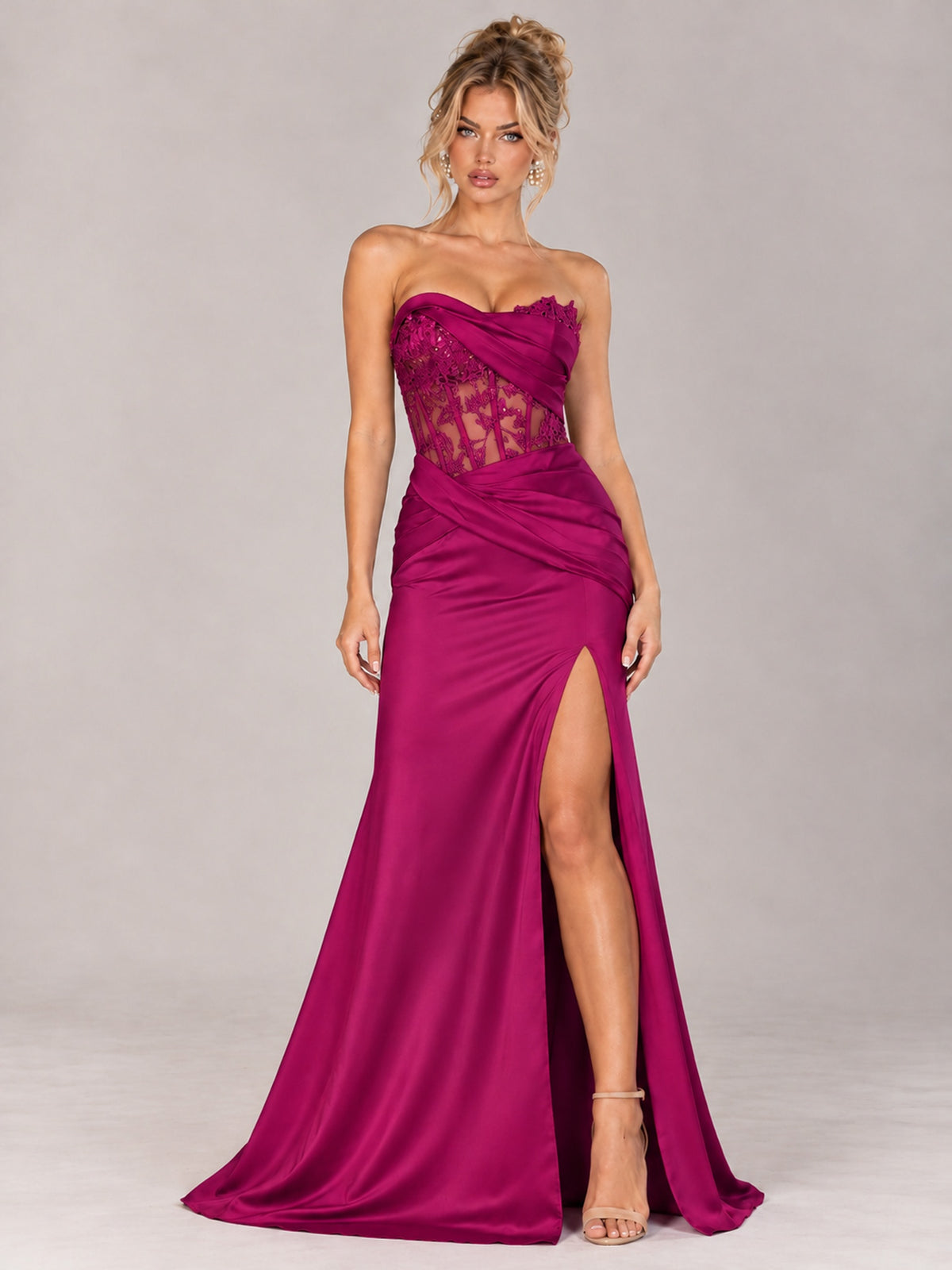 Strapless Satin Prom Dress with Sheer Lace Corset & High Slit