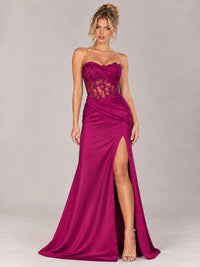 Strapless Satin Prom Dress with Sheer Lace Corset & High Slit