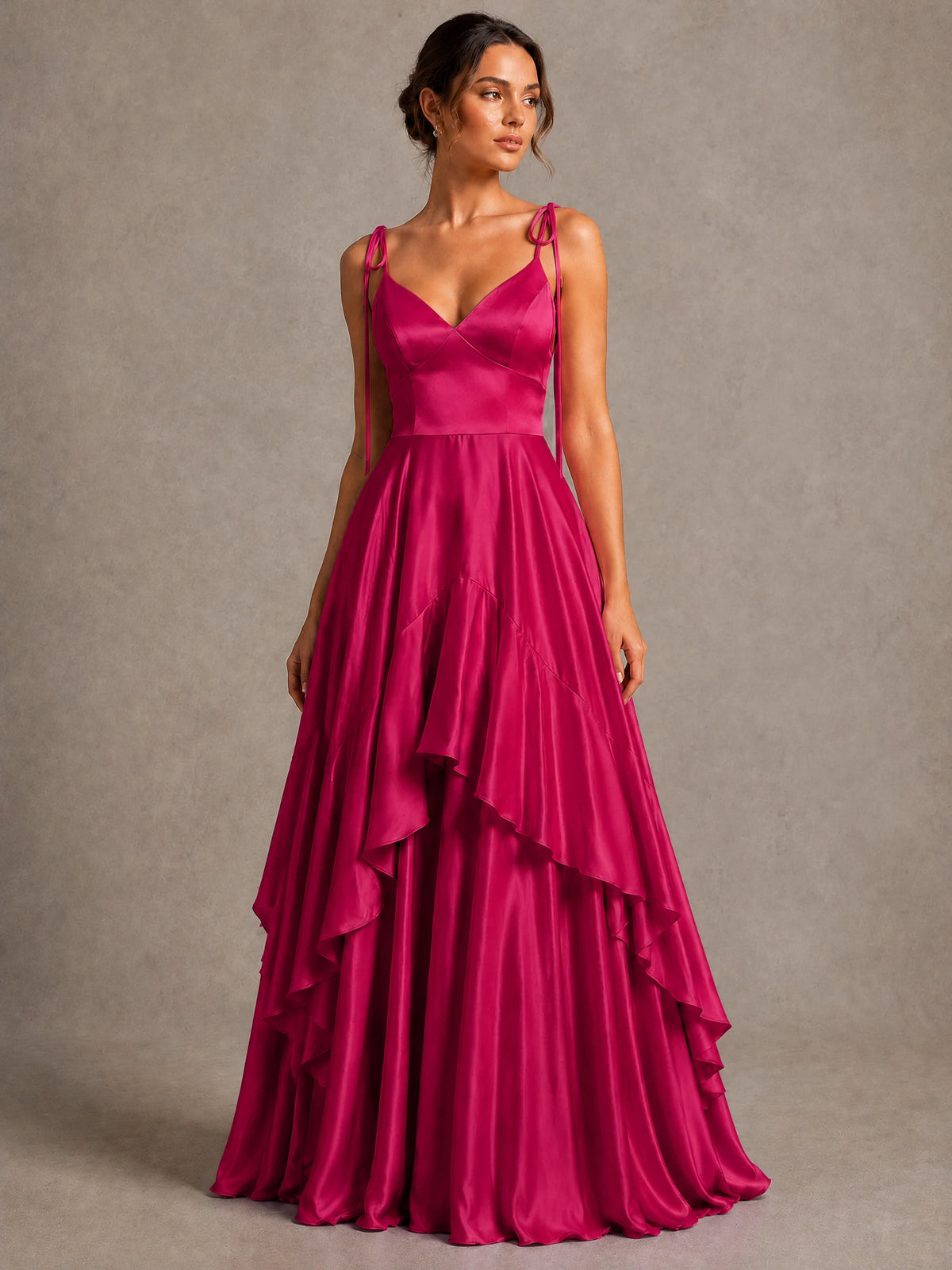 Lavender Satin V-Neck Ruffle Maxi Dress