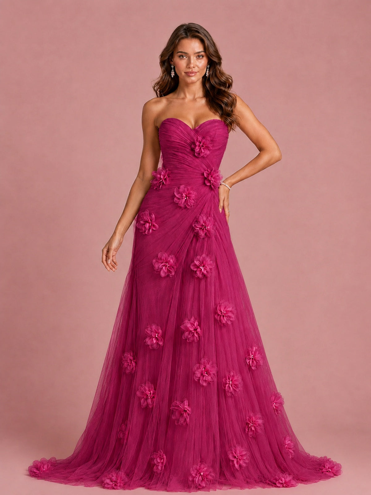 3D Floral Applique Strapless Tulle Prom Dress with High Slit