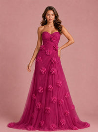 3D Floral Applique Strapless Tulle Prom Dress with High Slit